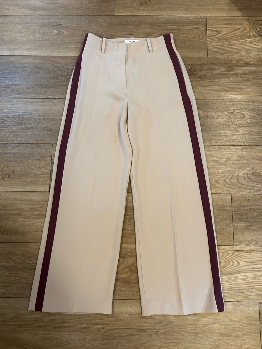 Reiss Wide Leg Pants in Beige with Burgundy Side Stripes